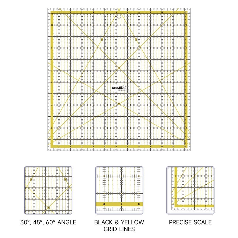 KEARING KERING Extra-Large Quilting Ruler - 12.5x12.5 inch Anti-Slip Acrylic Ruler for Patchwork Piecing, Bias Strips & Rotary Cutting, Professional Quilter's Must-Have Tool - Image 4
